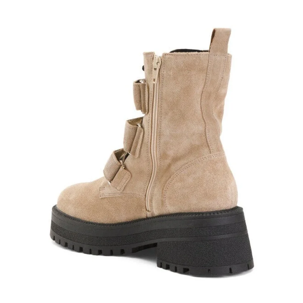 Free People Suede Emmett Lace Up Chunky Lug Sole Platform Zip Boot Tan 39 NWOB